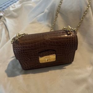 Lauren Ralph Lauren Mini Croc Leather Brown Gold Chained Crossbody